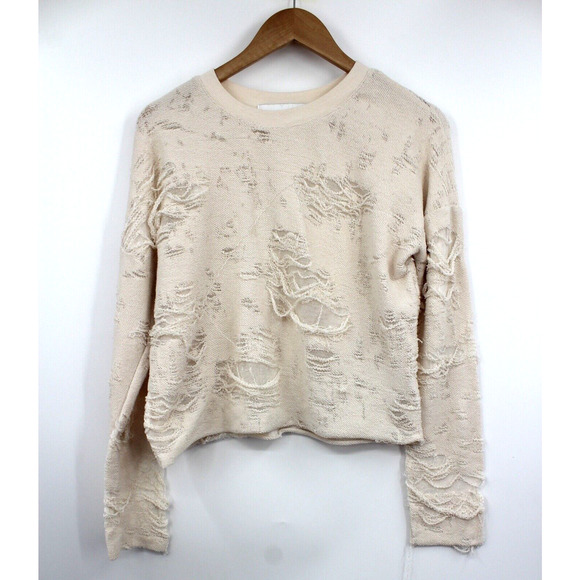 IRO Jeans Sweater‎ Womens XS Cenix Distressed Knit Cropped Frayed Cream - Picture 1 of 7